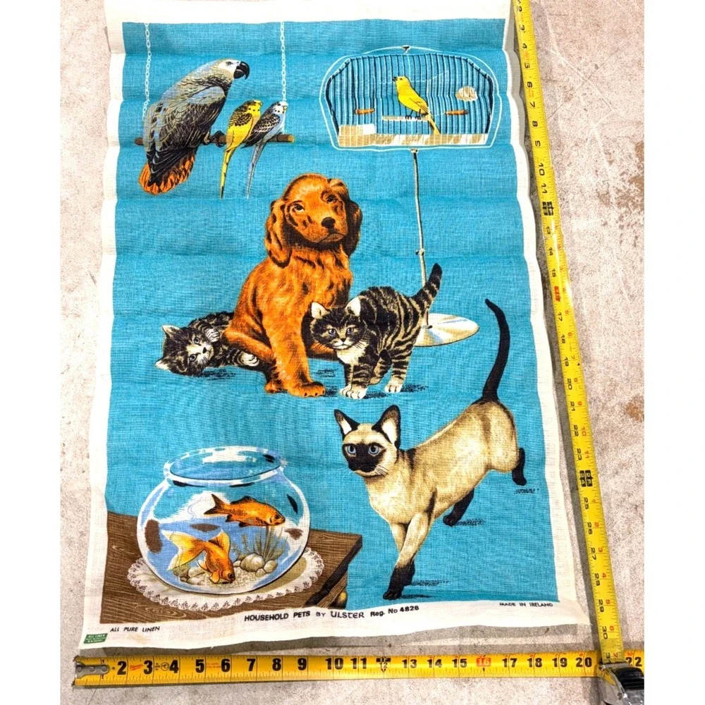 Vintage Ulster Household Pets Pure Linen Tea Towel Cats Dog Birds Goldfish 29x20